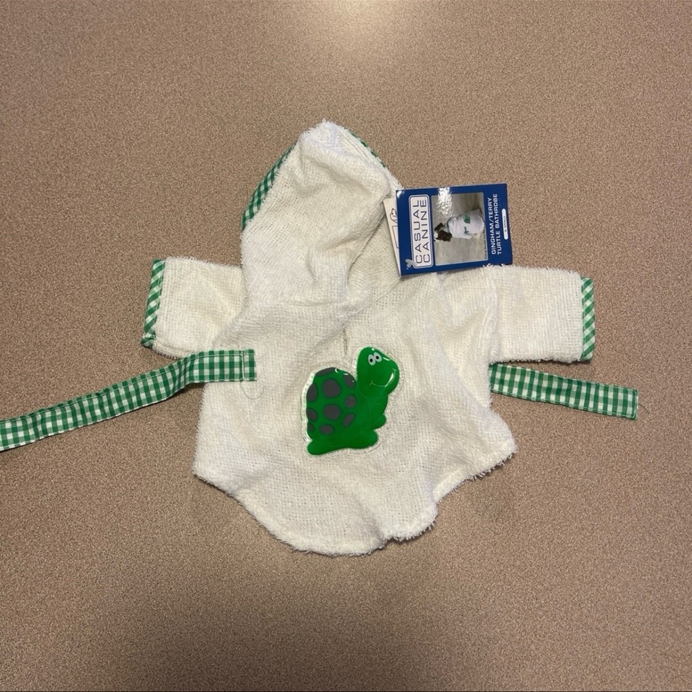 Casual Canine White Bathrobe with Green Turtle for extra small dogs